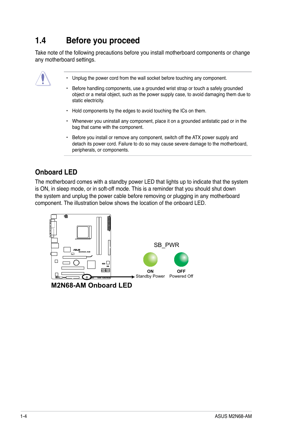 4 before you proceed, Before you proceed -4, Onboard led | M2n68-am onboard led | Asus M2N68-AM User Manual | Page 14 / 62