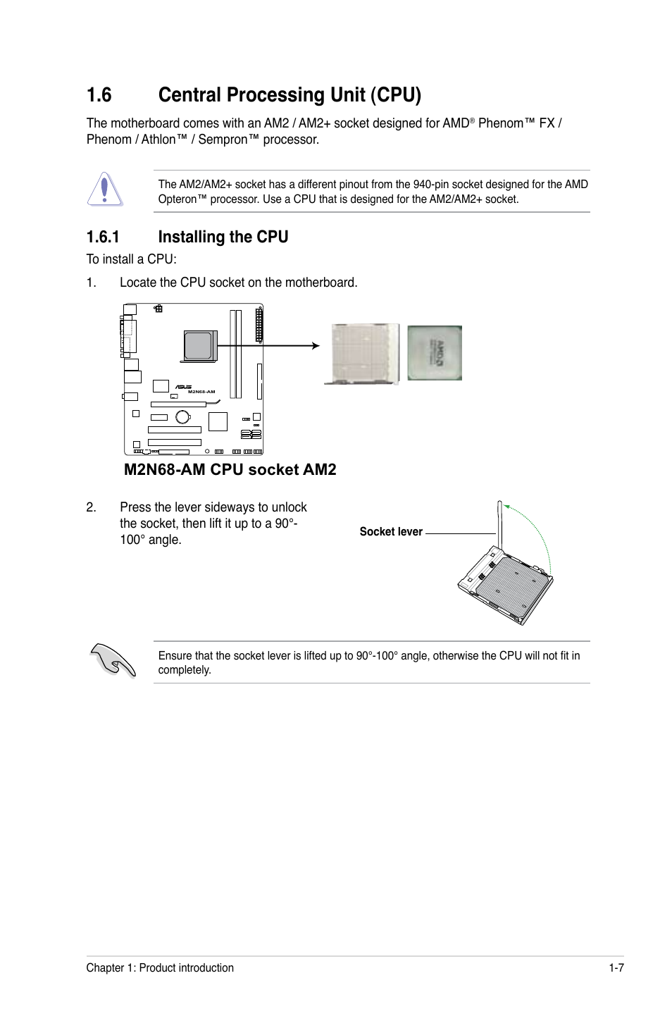 6 central processing unit (cpu), 1 installing the cpu, Central processing unit (cpu) -7 1.6.1 | Installing the cpu -7, M2n68-am cpu socket am2 | Asus M2N68-AM User Manual | Page 17 / 62