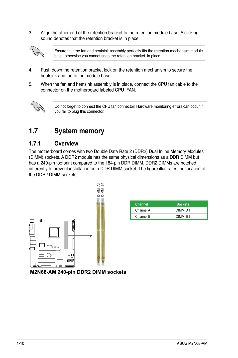 7 system memory, 1 overview, System memory -10 1.7.1 | Overview -10 | Asus M2N68-AM User Manual | Page 20 / 62