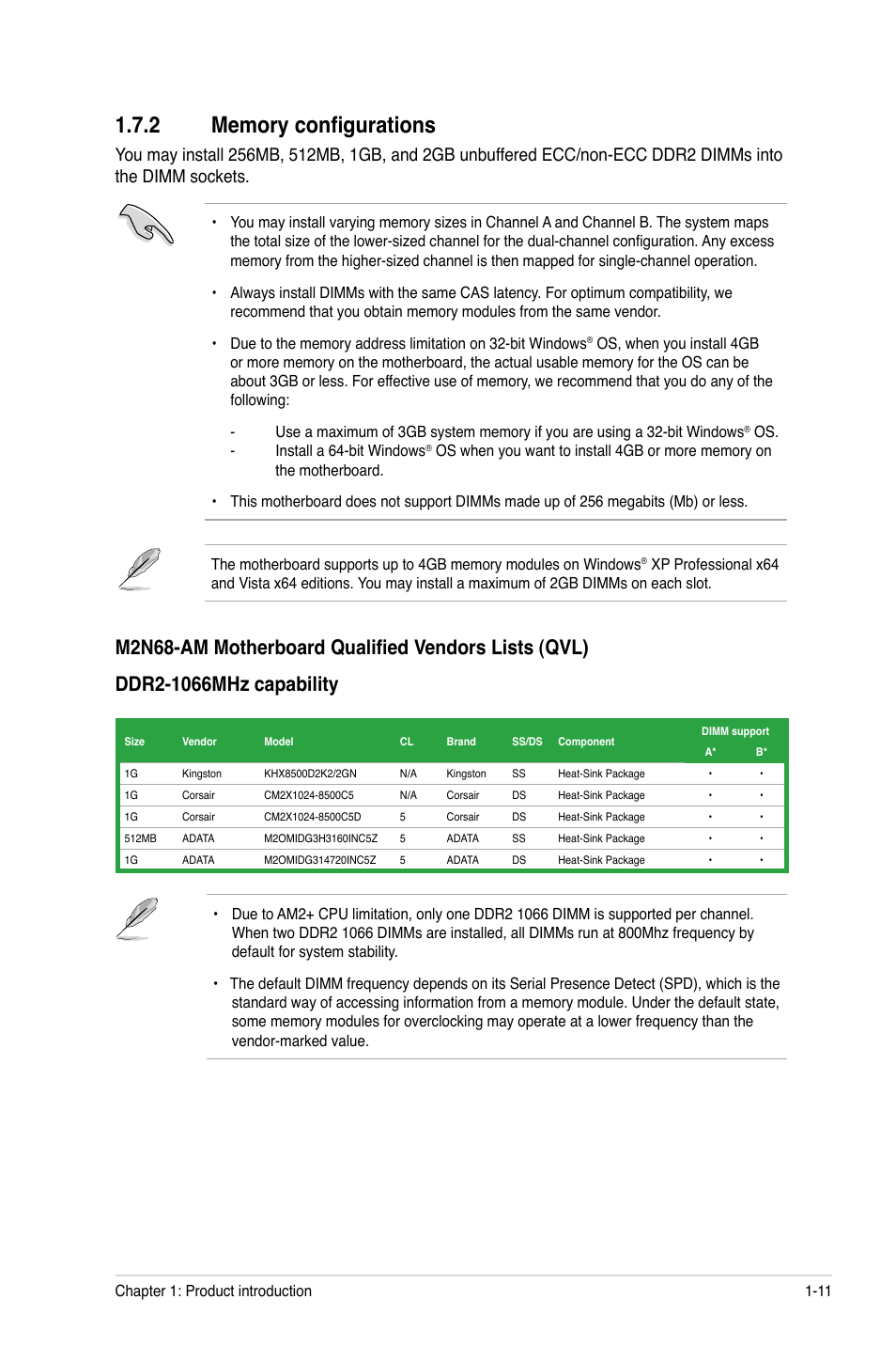 2 memory configurations, Memory configurations -11 | Asus M2N68-AM User Manual | Page 21 / 62