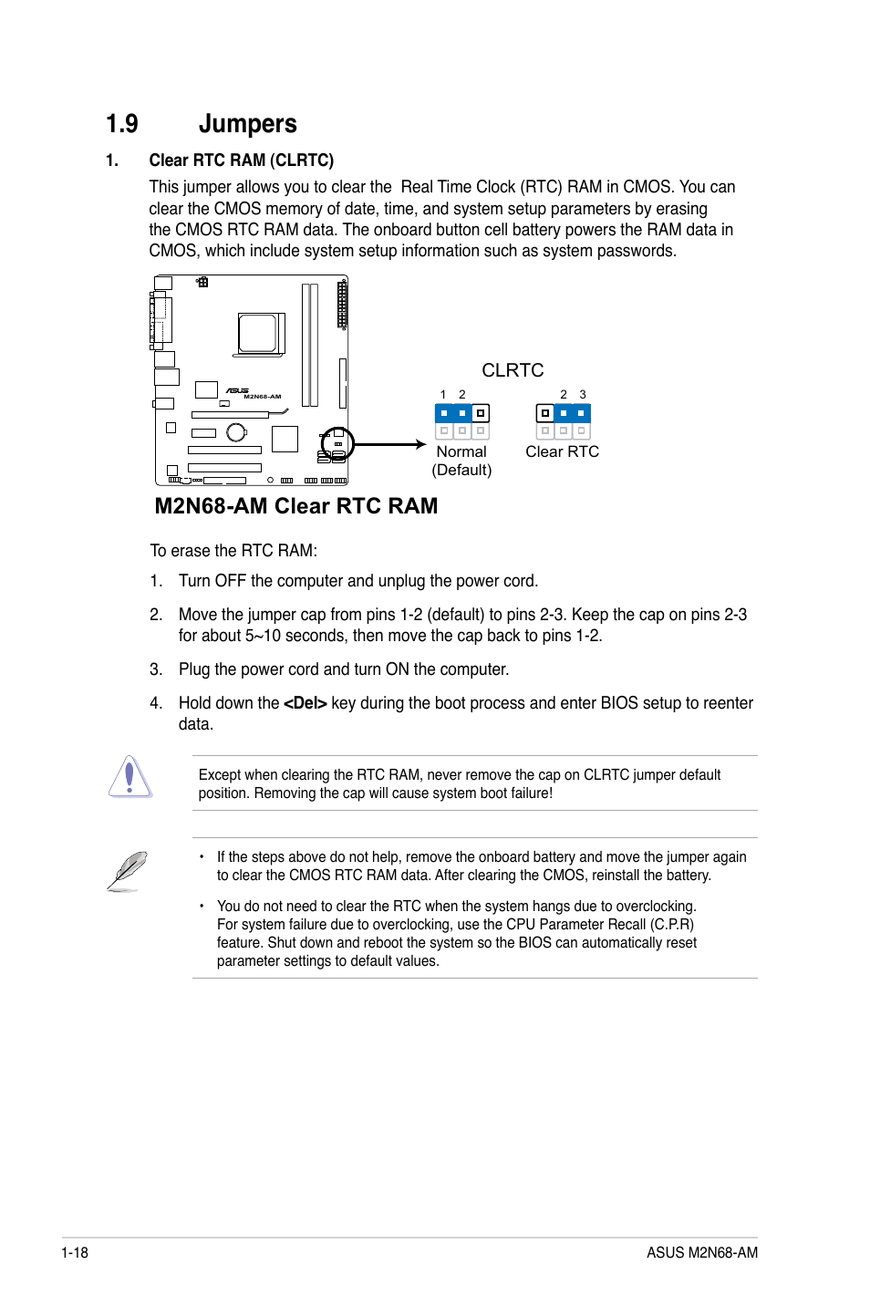 9 jumpers, Jumpers -18, M2n68-am clear rtc ram | Asus M2N68-AM User Manual | Page 28 / 62