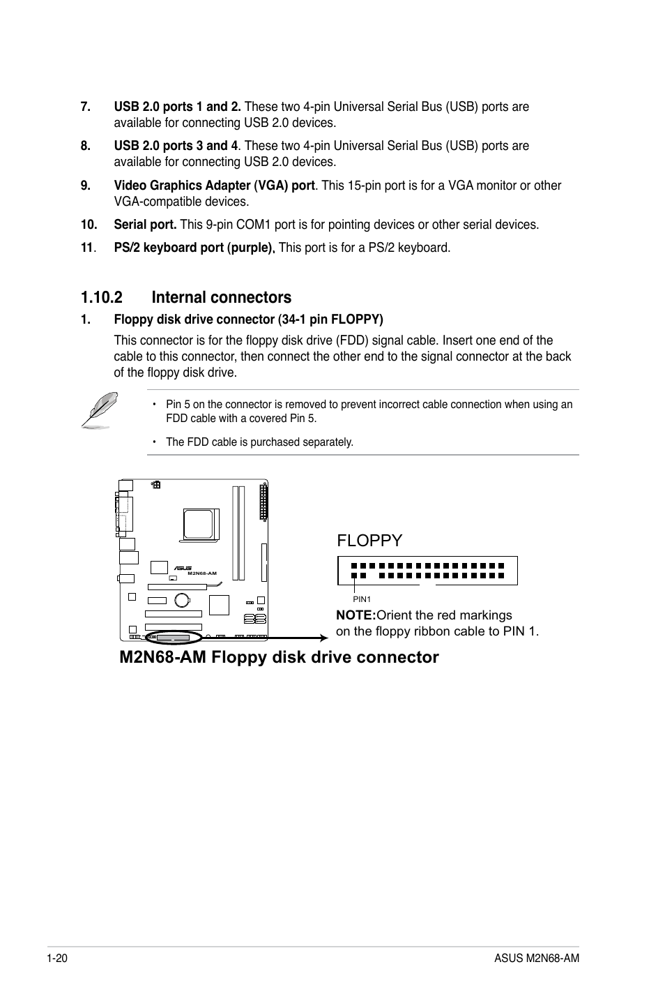 2 internal connectors, 2 internal connectors -20, M2n68-am floppy disk drive connector | Floppy | Asus M2N68-AM User Manual | Page 30 / 62