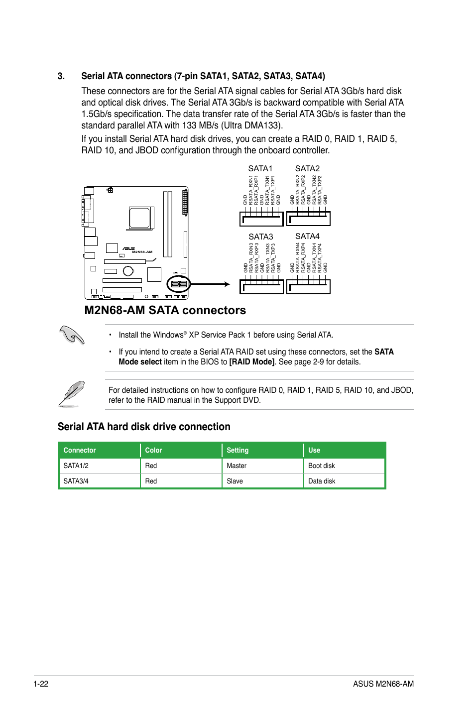 M2n68-am sata connectors, Serial ata hard disk drive connection, Install the windows | Sata2, Sata4, Sata1, Sata3 | Asus M2N68-AM User Manual | Page 32 / 62