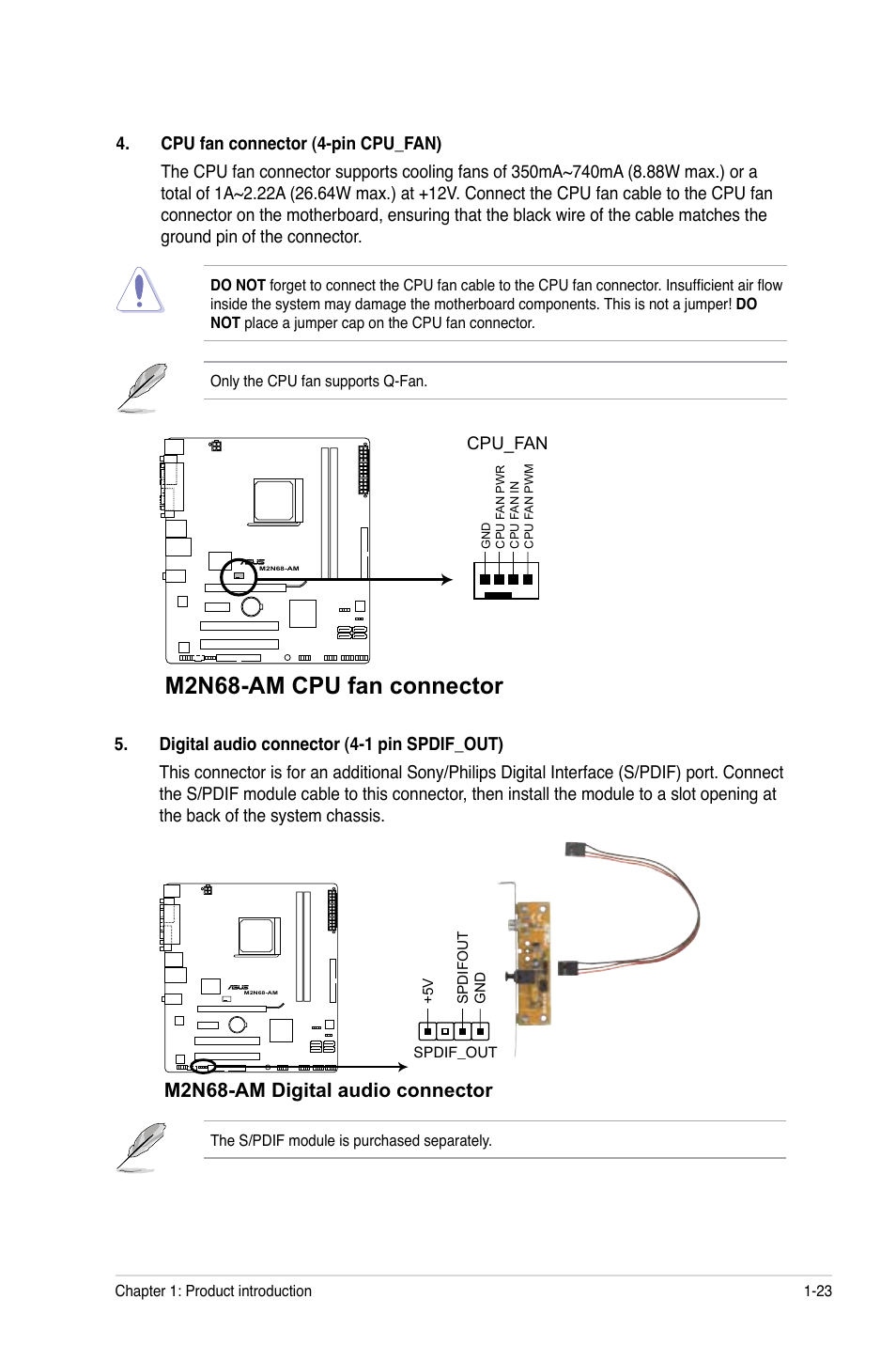 M2n68-am cpu fan connector, M2n68-am digital audio connector | Asus M2N68-AM User Manual | Page 33 / 62