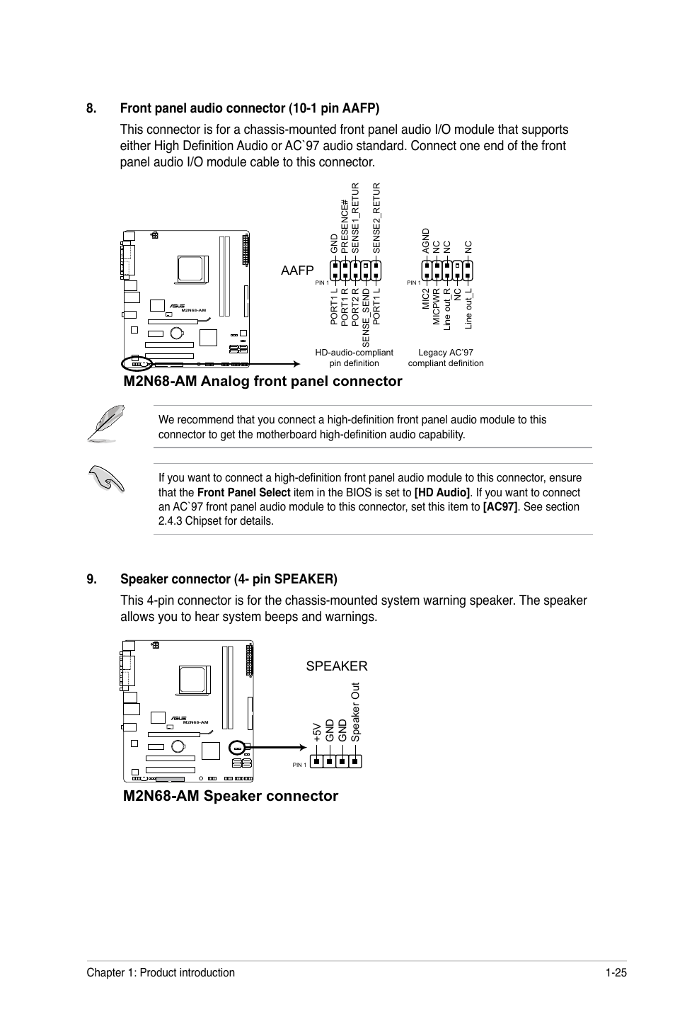 M2n68-am speaker connector, M2n68-am analog front panel connector, Speaker | Asus M2N68-AM User Manual | Page 35 / 62