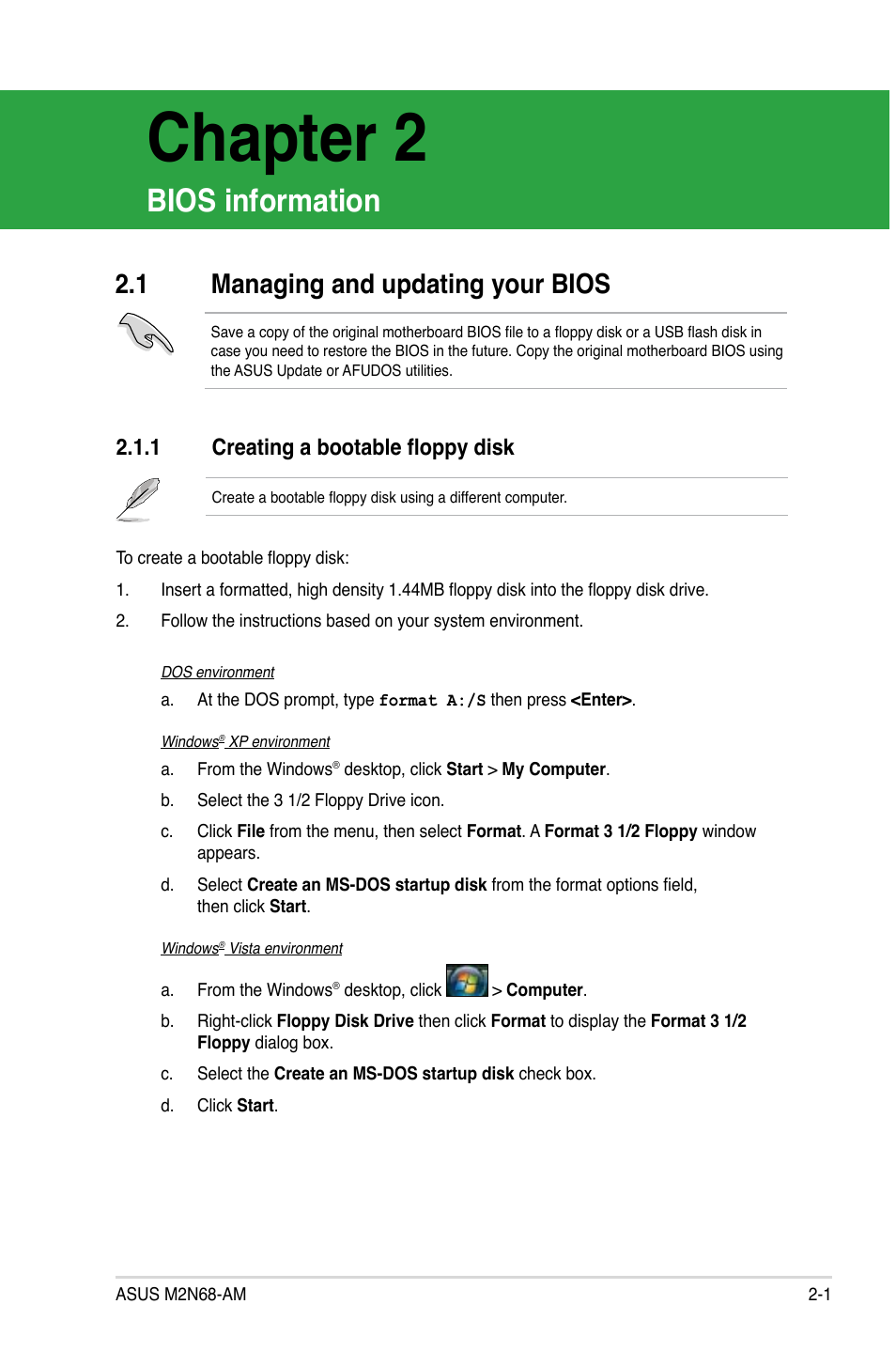 Chapter 2: bios information, 1 managing and updating your bios, 1 creating a bootable floppy disk | Managing and updating your bios -1 2.1.1, Creating a bootable floppy disk -1, Chapter 2, Bios information | Asus M2N68-AM User Manual | Page 39 / 62