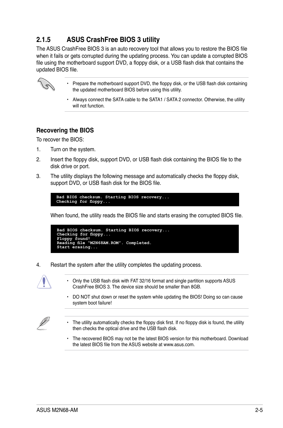 5 asus crashfree bios 3 utility, Asus crashfree bios 3 utility -5, Recovering the bios | Asus M2N68-AM User Manual | Page 43 / 62