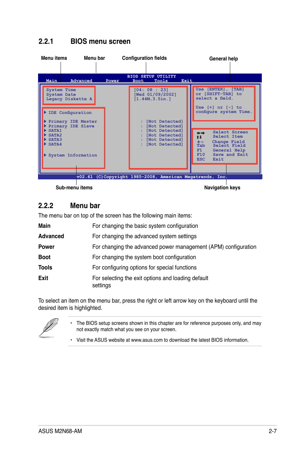 1 bios menu screen, 2 menu bar, Bios menu screen -7 | Menu bar -7 | Asus M2N68-AM User Manual | Page 45 / 62