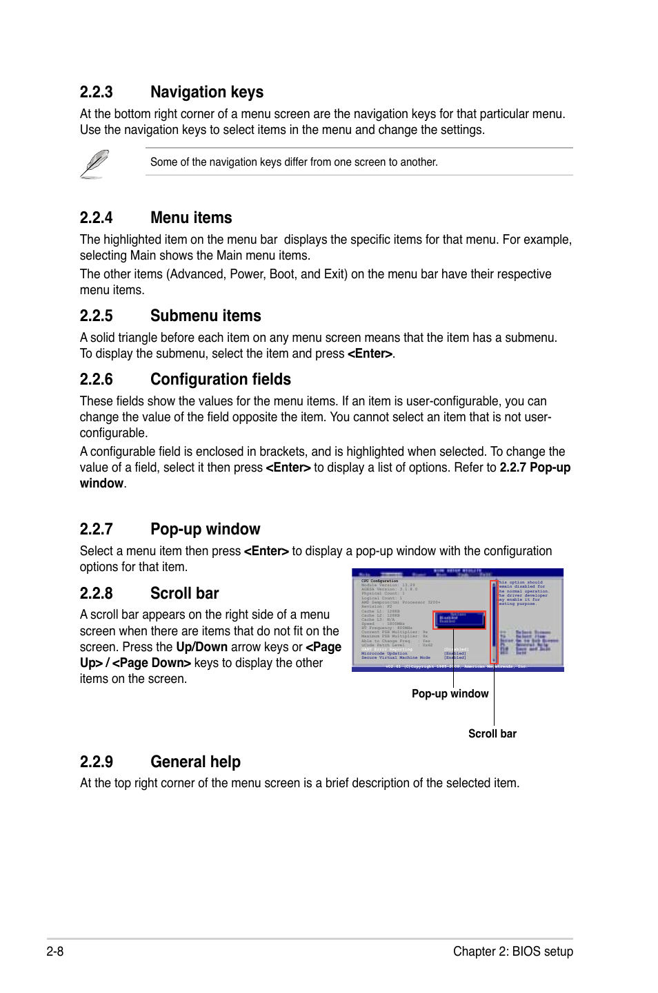 3 navigation keys, 4 menu items, 5 submenu items | 6 configuration fields, 7 pop-up window, 8 scroll bar, 9 general help, Navigation keys -8, Menu items -8, Submenu items -8 | Asus M2N68-AM User Manual | Page 46 / 62