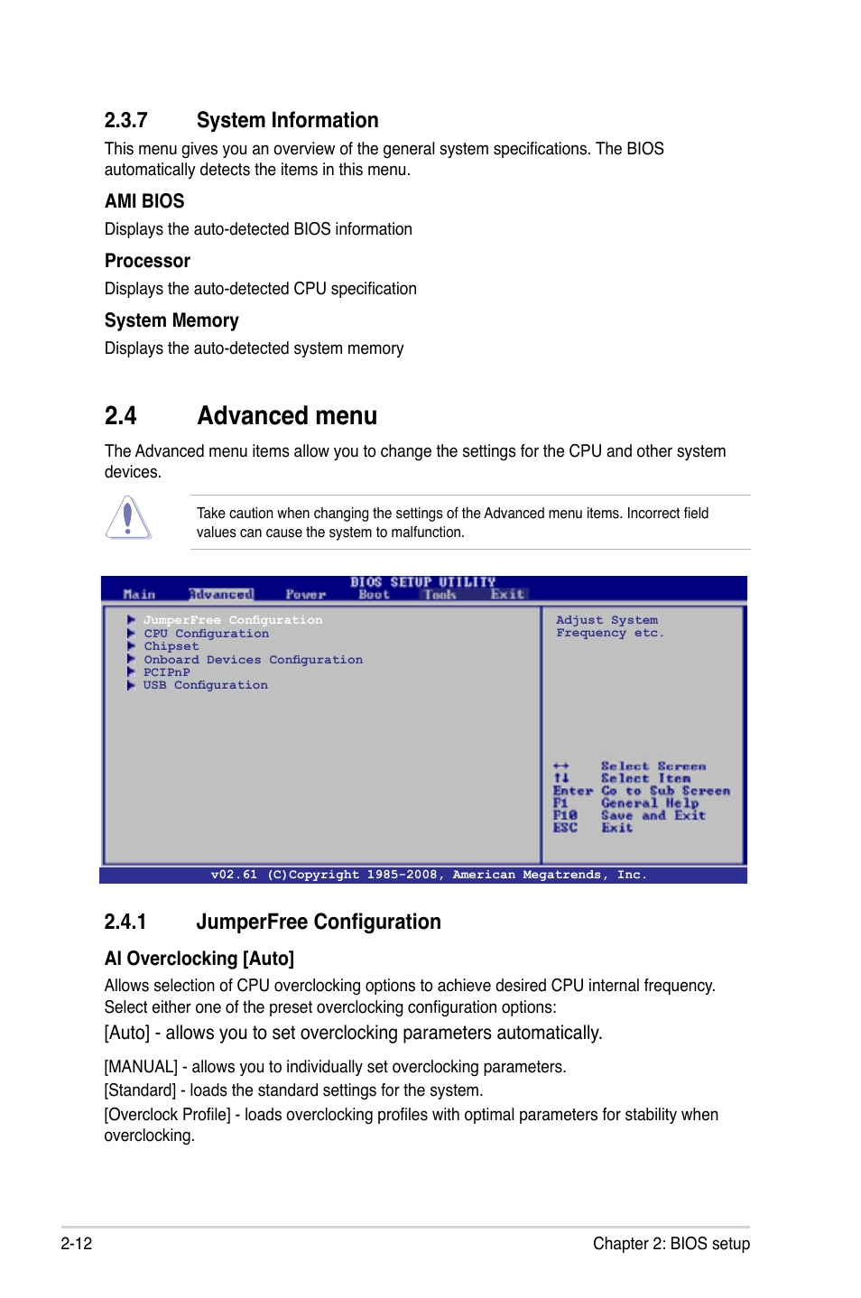 7 system information, 4 advanced menu, 1 jumperfree configuration | System information -12, Advanced menu -12 2.4.1, Jumperfree configuration -12 | Asus M2N68-AM User Manual | Page 50 / 62
