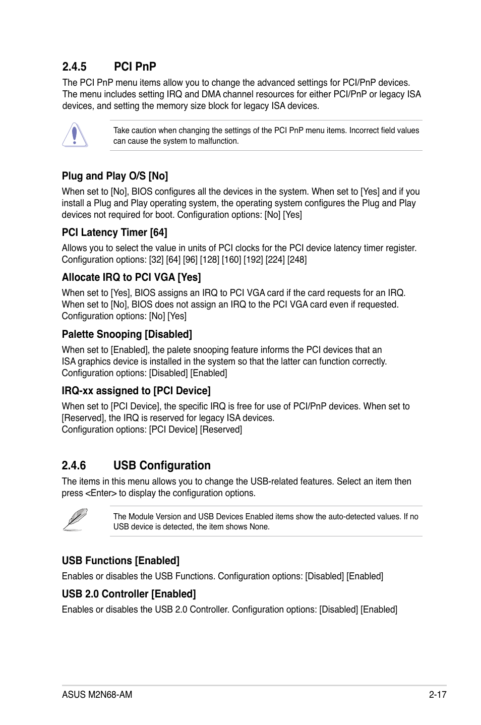 5 pci pnp, 6 usb configuration, Pci pnp -17 | Usb configuration -17 | Asus M2N68-AM User Manual | Page 55 / 62