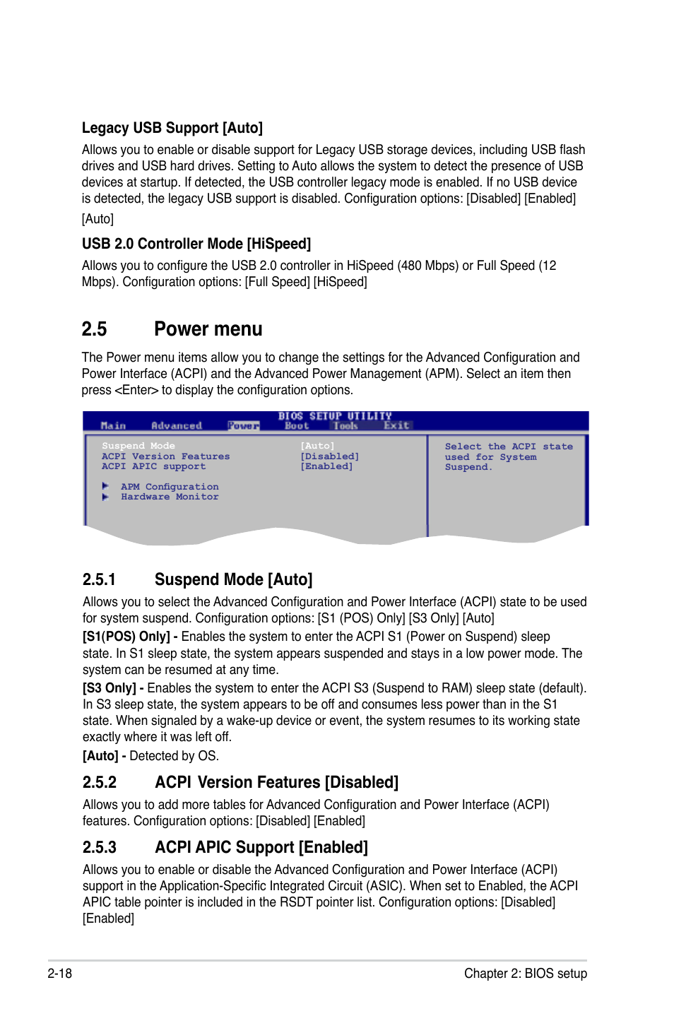 5 power menu, 1 suspend mode, 2 acpi version features | 3 acpi apic support, Power menu -18 2.5.1, Suspend mode -18, Acpi, Version features -18, Acpi apic support -18, 1 suspend mode [auto | Asus M2N68-AM User Manual | Page 56 / 62