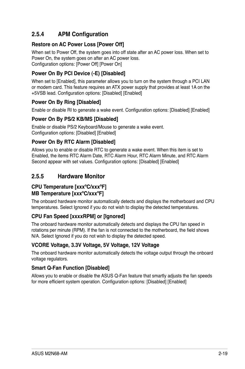 4 apm configuration, 5 hardware monitor, Apm configuration -19 | Hardware monitor -19 | Asus M2N68-AM User Manual | Page 57 / 62