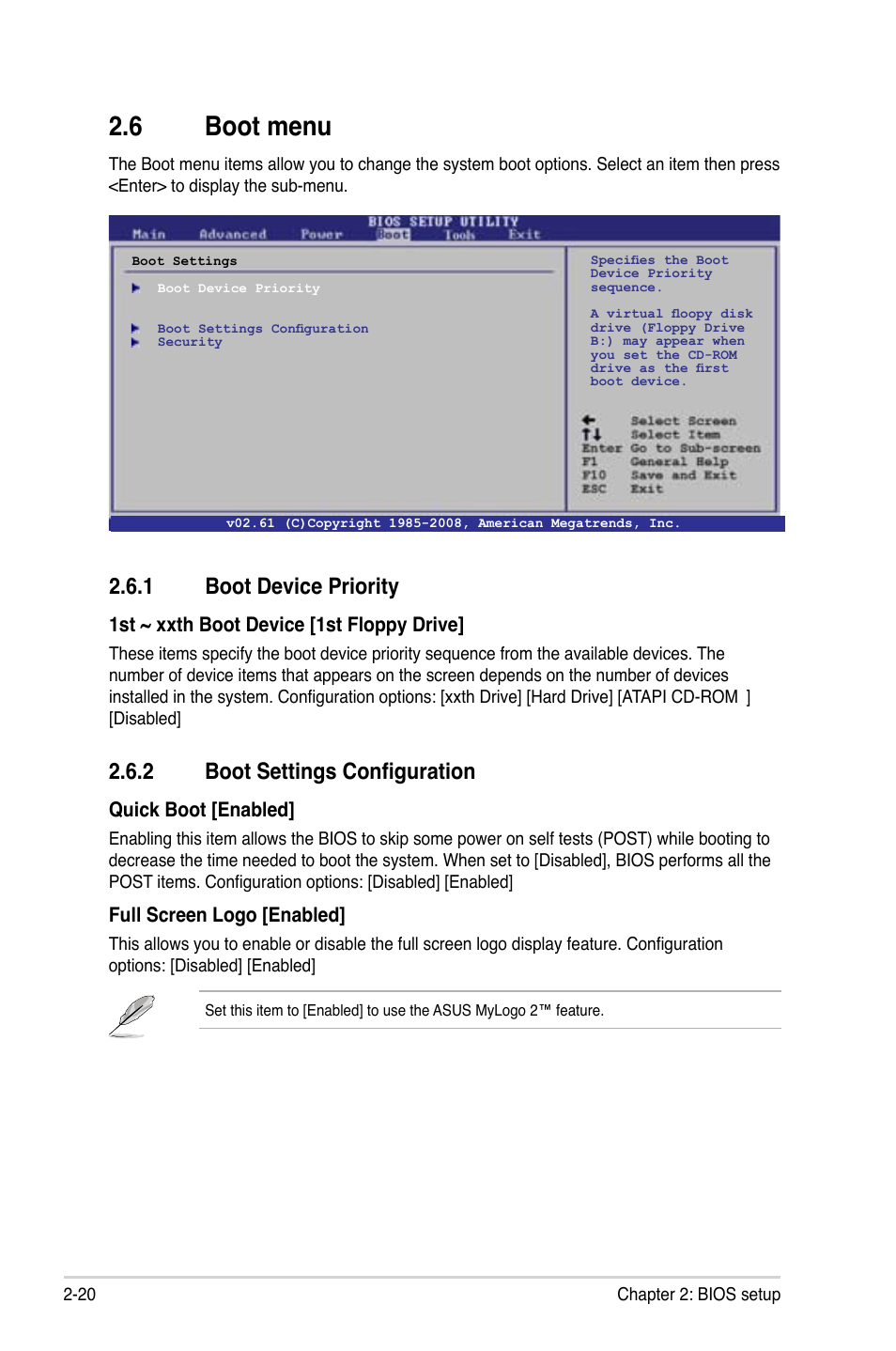 6 boot menu, 1 boot device priority, 2 boot settings configuration | Boot menu -20 2.6.1, Boot device priority -20, Boot settings configuration -20 | Asus M2N68-AM User Manual | Page 58 / 62