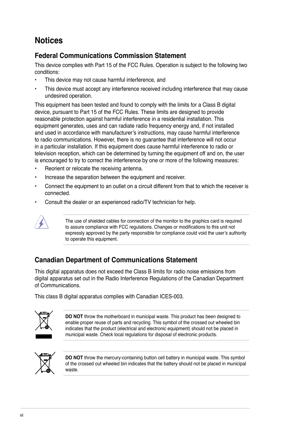 Notices, Federal communications commission statement, Canadian department of communications statement | Asus M2N68-AM User Manual | Page 6 / 62