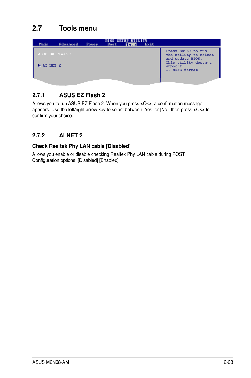 7 tools menu, 1 asus ez flash 2, 2 ai net 2 | Tools menu -23 2.7.1, Asus ez flash 2 -23, Ai net 2 -23 | Asus M2N68-AM User Manual | Page 61 / 62
