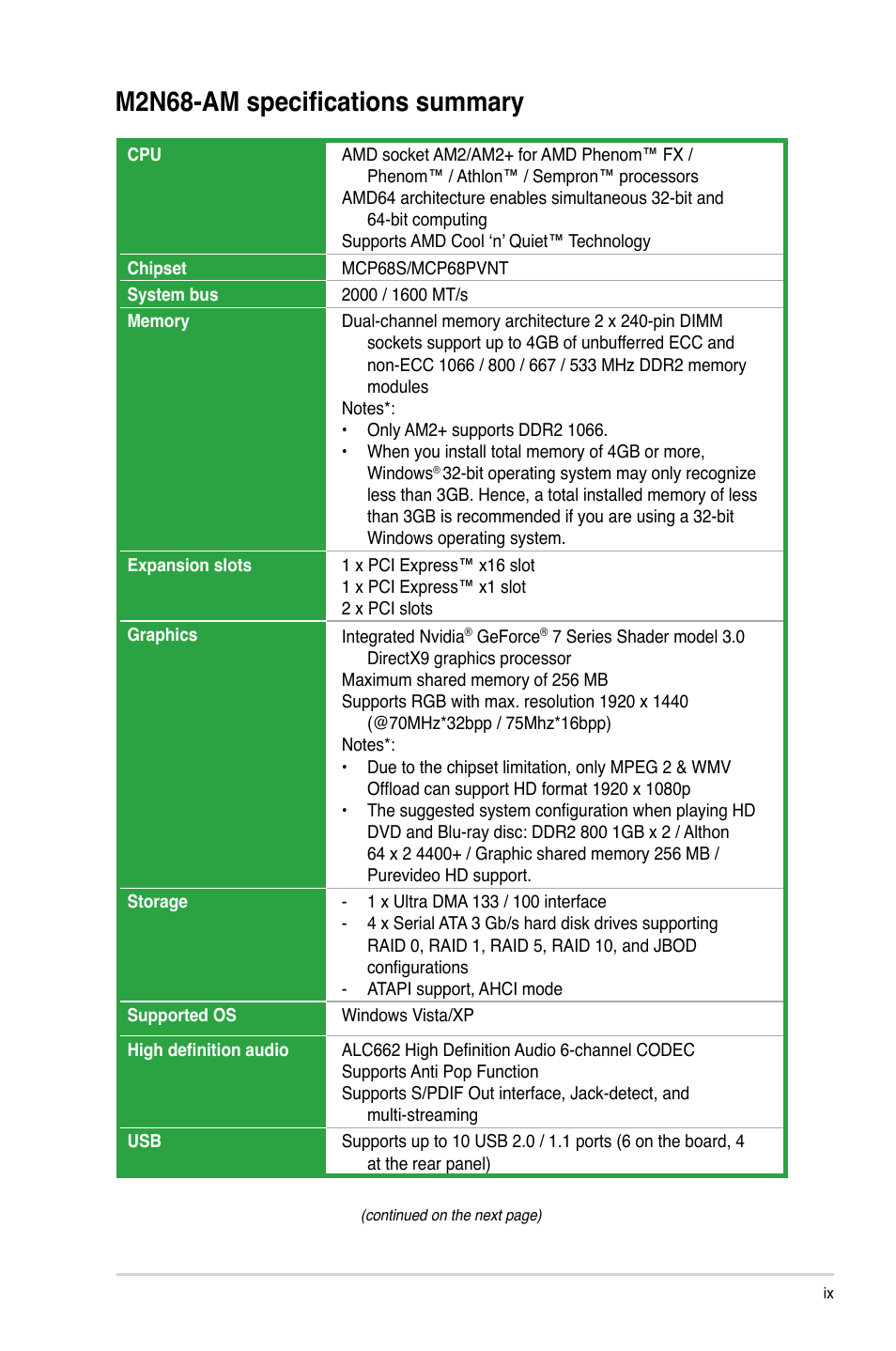 M2n68-am specifications summary | Asus M2N68-AM User Manual | Page 9 / 62