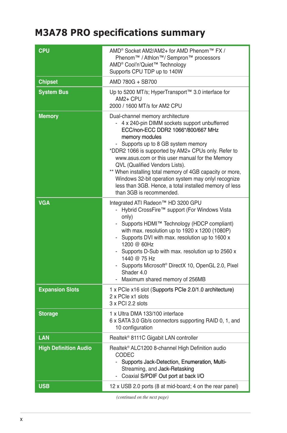 M3a78 pro specifications summary | Asus M3A78 Pro User Manual | Page 10 / 116