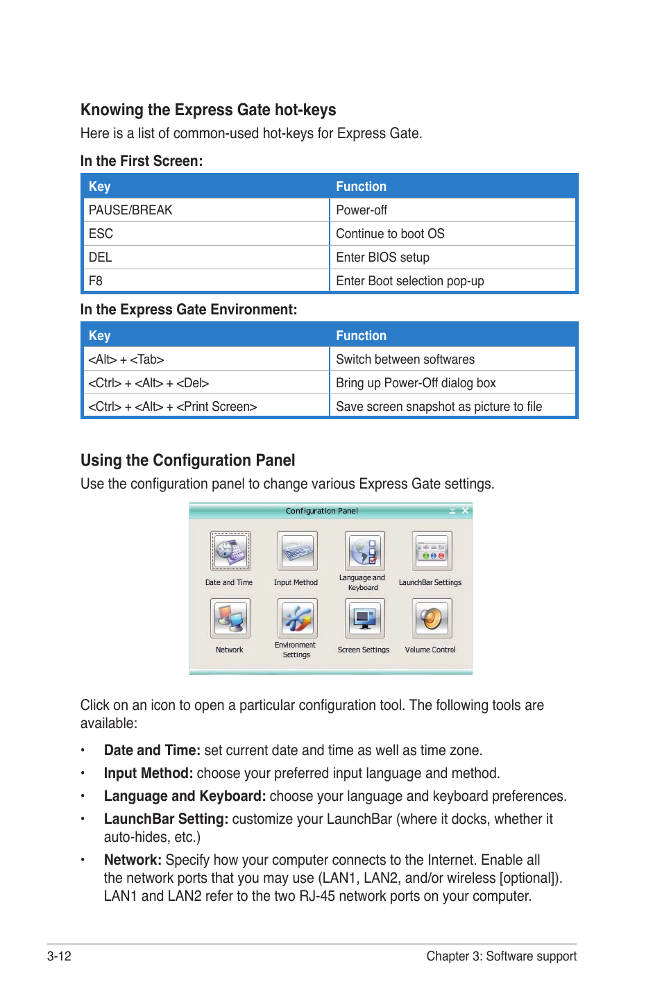 Using the configuration panel, Knowing the express gate hot-keys | Asus M3A78 Pro User Manual | Page 106 / 116