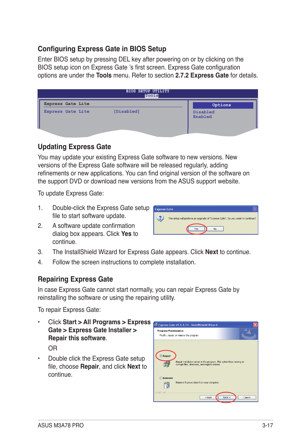 Configuring express gate in bios setup, Updating express gate, Repairing express gate | Asus M3A78 Pro User Manual | Page 111 / 116