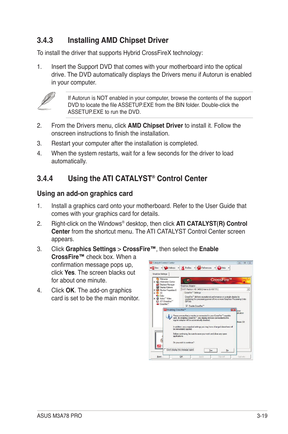 3 installing amd chipset driver, 4 using the ati catalyst® control center, Installing amd chipset driver -19 | Using the ati catalyst, Control center -19, 4 using the ati catalyst, Control center | Asus M3A78 Pro User Manual | Page 113 / 116