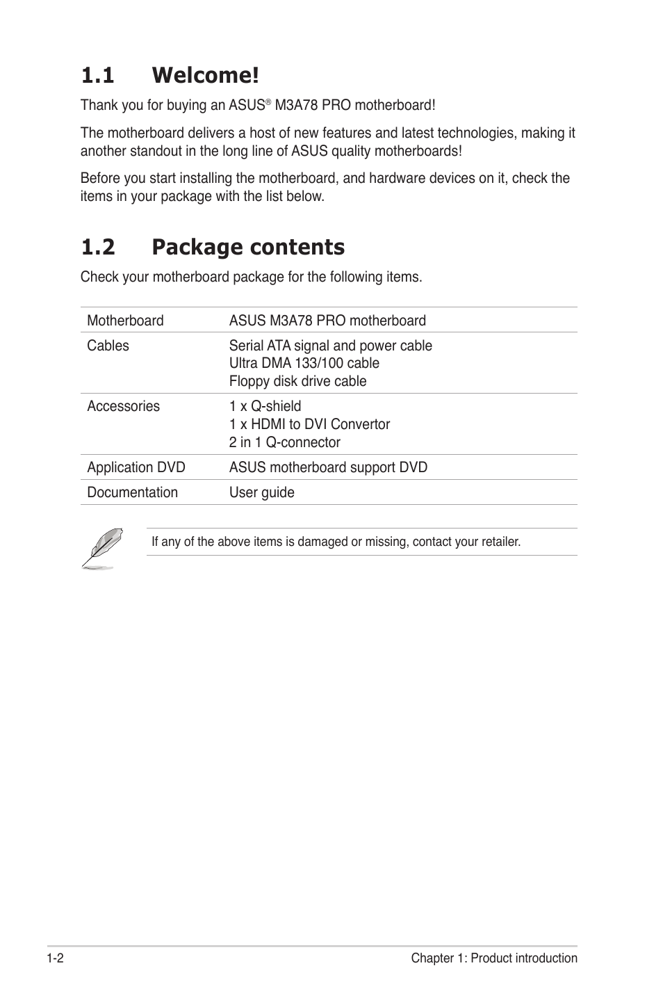 1 welcome, 2 package contents, Welcome! -2 | Package contents -2 | Asus M3A78 Pro User Manual | Page 14 / 116