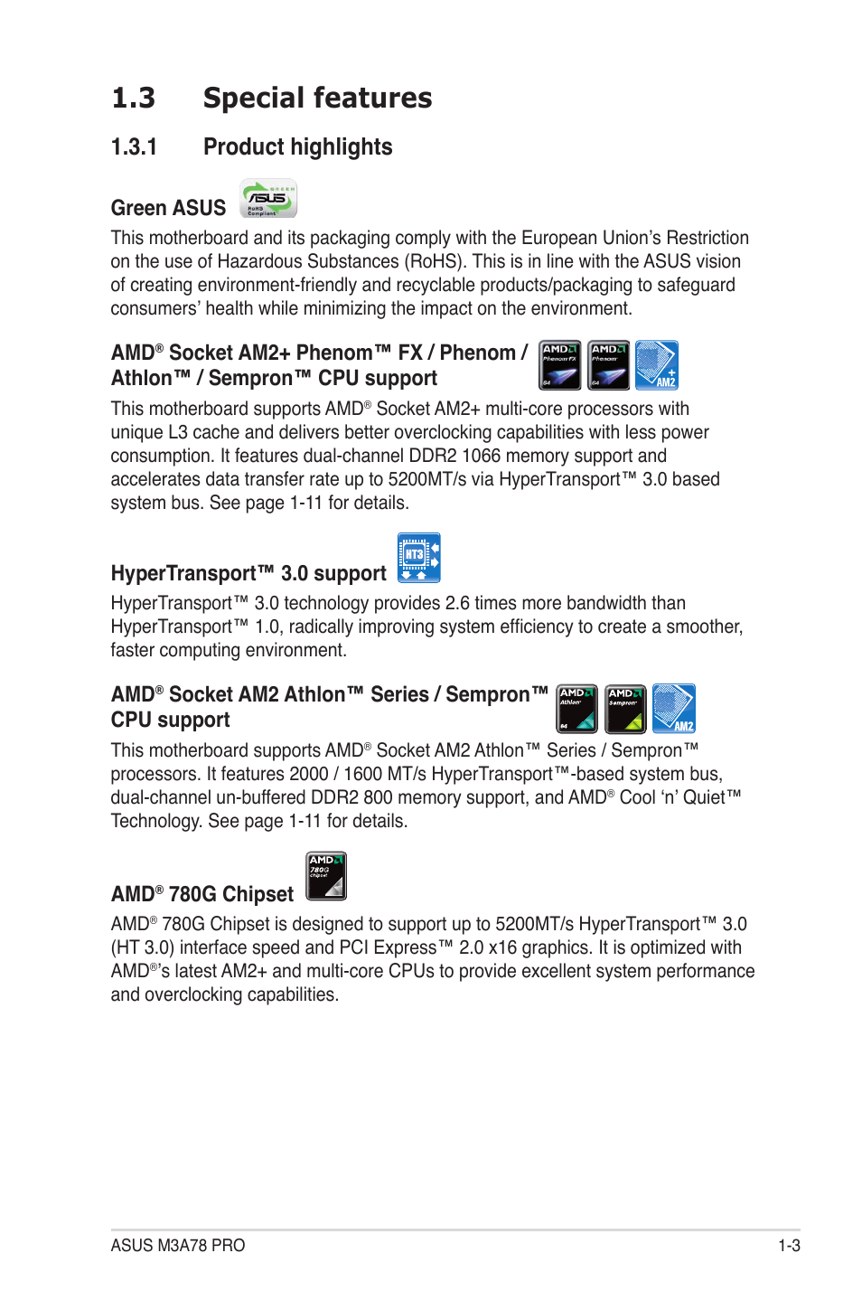 3 special features, 1 product highlights, Special features -3 1.3.1 | Product highlights -3 | Asus M3A78 Pro User Manual | Page 15 / 116