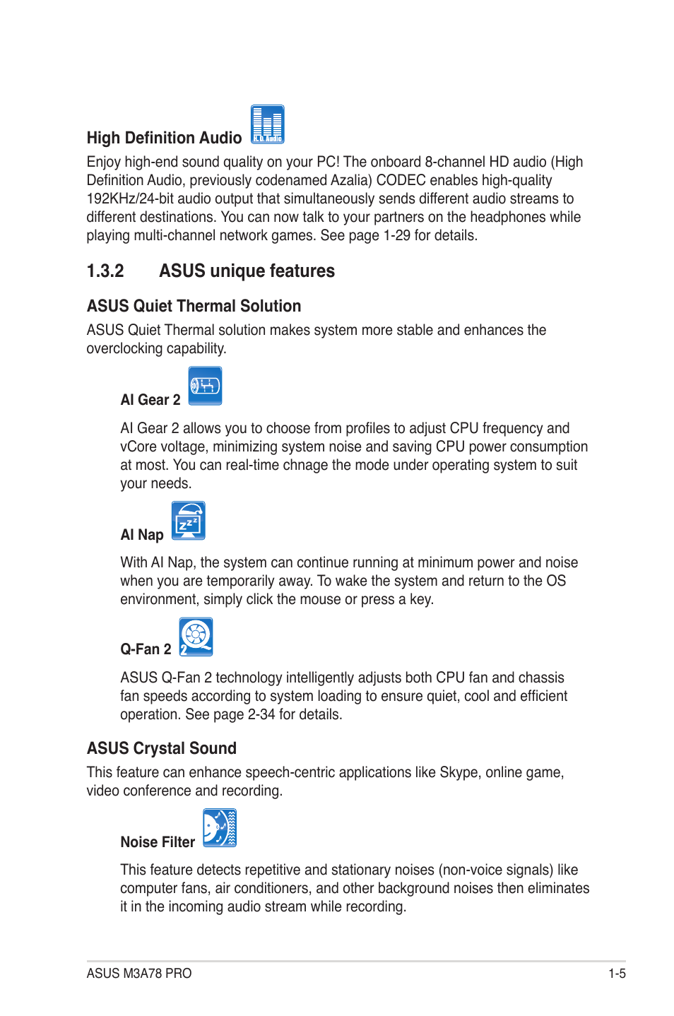 2 asus unique features, Asus unique features -5 | Asus M3A78 Pro User Manual | Page 17 / 116