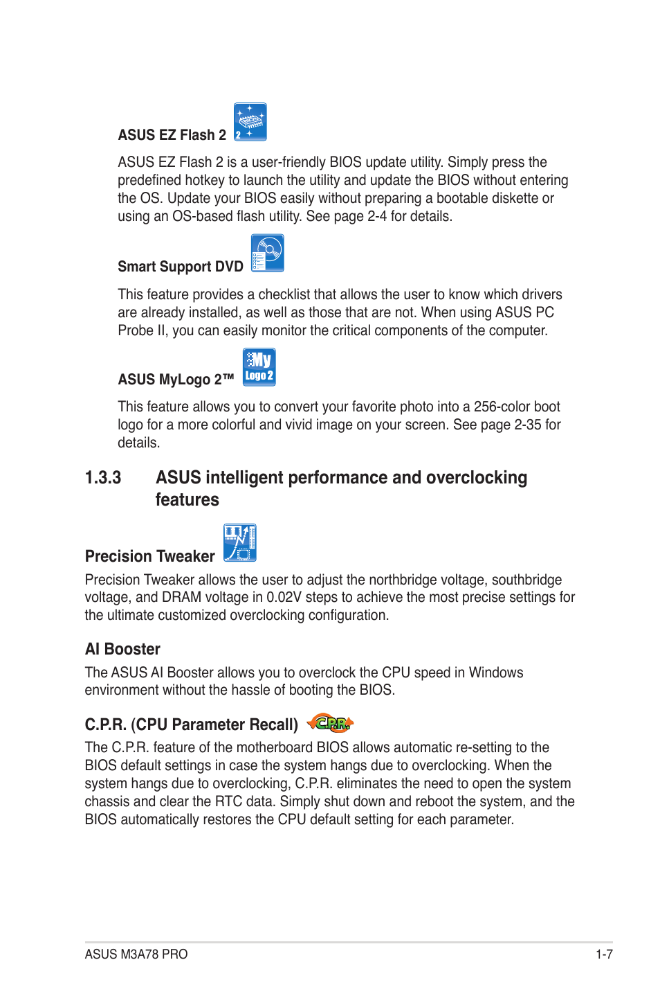 Asus intelligent performance and, Overclocking features -7 | Asus M3A78 Pro User Manual | Page 19 / 116