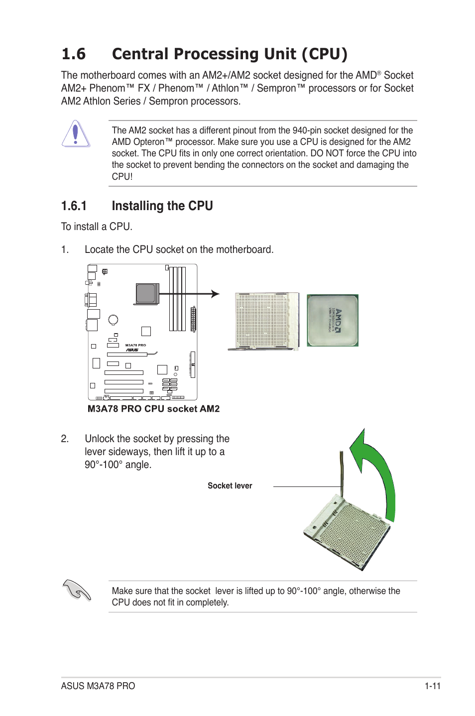 6 central processing unit (cpu), 1 installing the cpu, Central processing unit (cpu) -11 1.6.1 | Installing the cpu -11 | Asus M3A78 Pro User Manual | Page 23 / 116