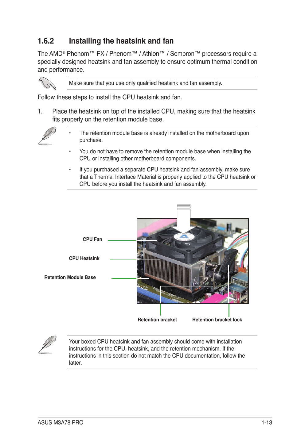 2 installing the heatsink and fan, Installing the heatsink and fan -13 | Asus M3A78 Pro User Manual | Page 25 / 116