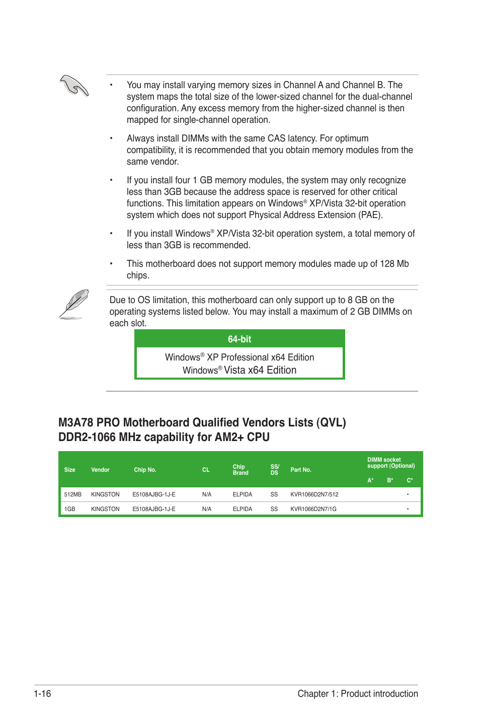 Vista x64 edition, 16 chapter 1: product introduction, Xp professional x64 edition windows | Asus M3A78 Pro User Manual | Page 28 / 116