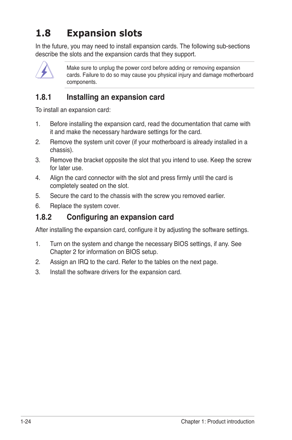 8 expansion slots, 1 installing an expansion card, 2 configuring an expansion card | Expansion slots -24 1.8.1, Installing an expansion card -24, Configuring an expansion card -24 | Asus M3A78 Pro User Manual | Page 36 / 116