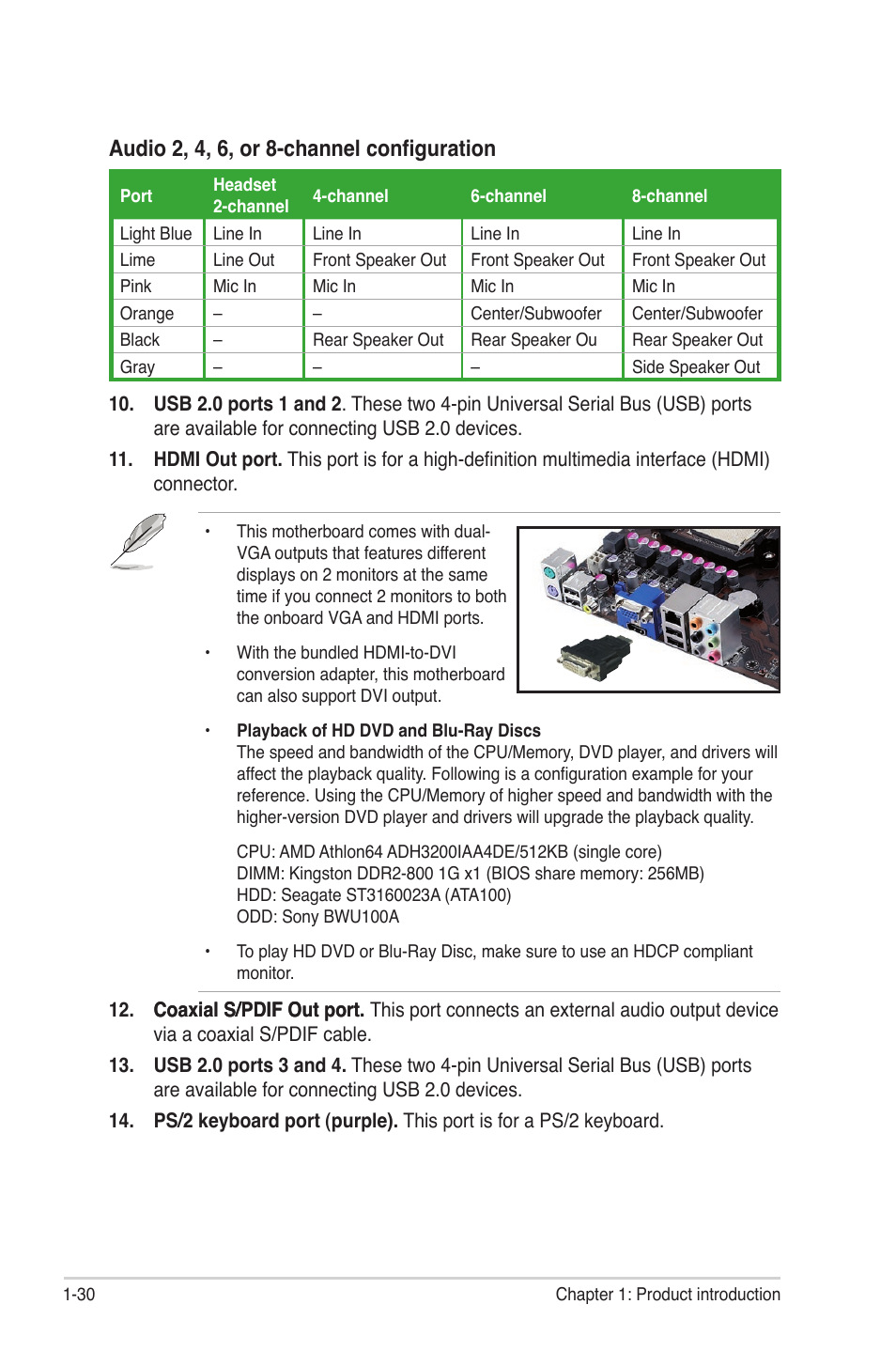 Audio 2, 4, 6, or 8-channel configuration | Asus M3A78 Pro User Manual | Page 42 / 116