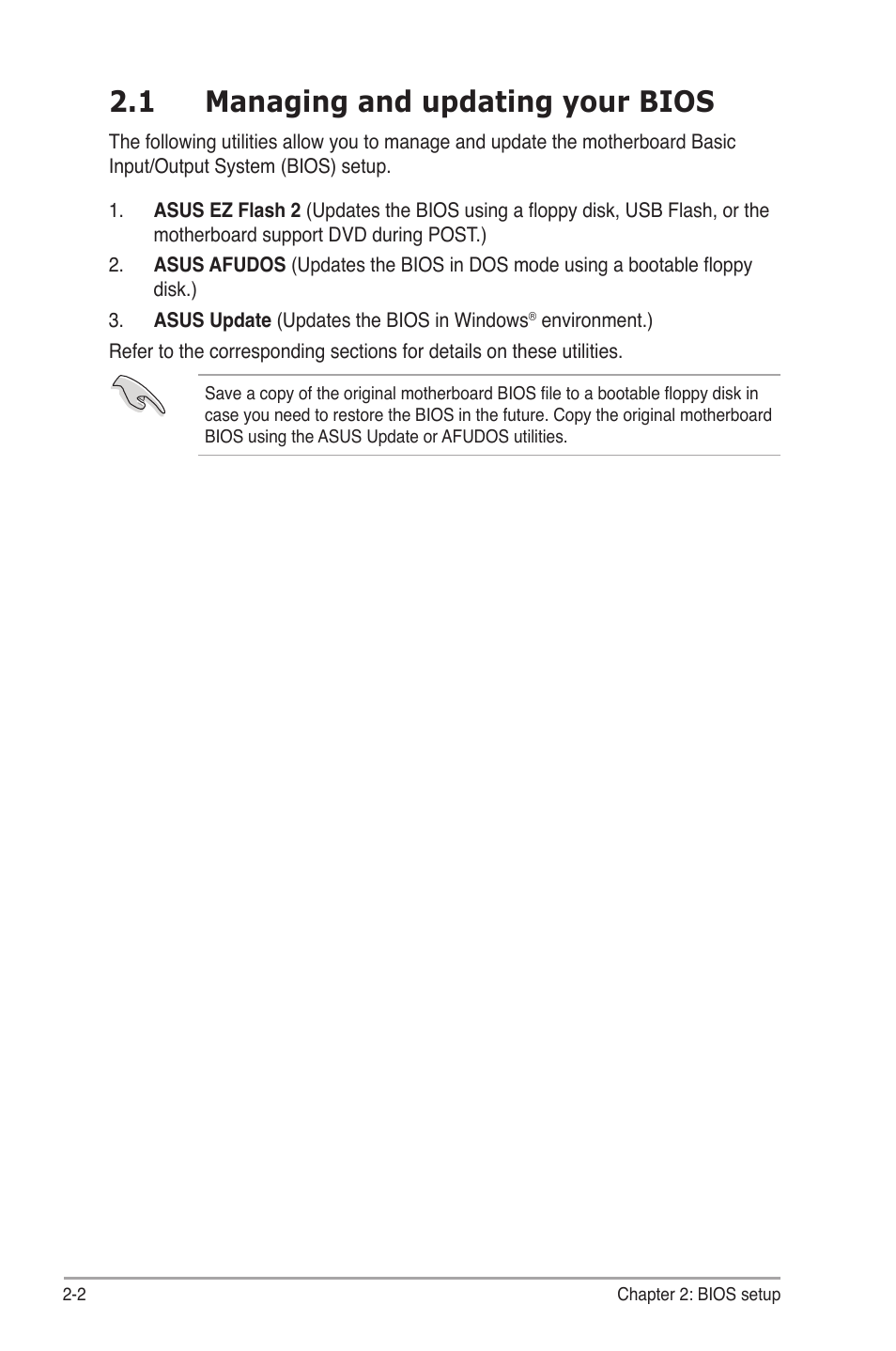 1 managing and updating your bios, Managing and updating your bios -2 | Asus M3A78 Pro User Manual | Page 54 / 116