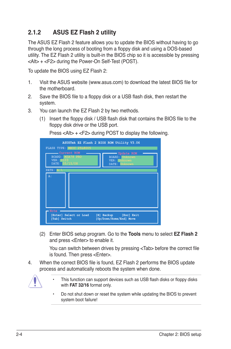 2 asus ez flash 2 utility, Asus ez flash 2 utility -4 | Asus M3A78 Pro User Manual | Page 56 / 116