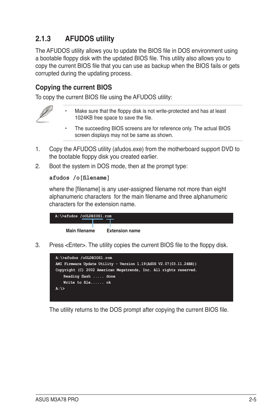 3 afudos utility, Afudos utility -5, Copying the current bios | Asus M3A78 Pro User Manual | Page 57 / 116