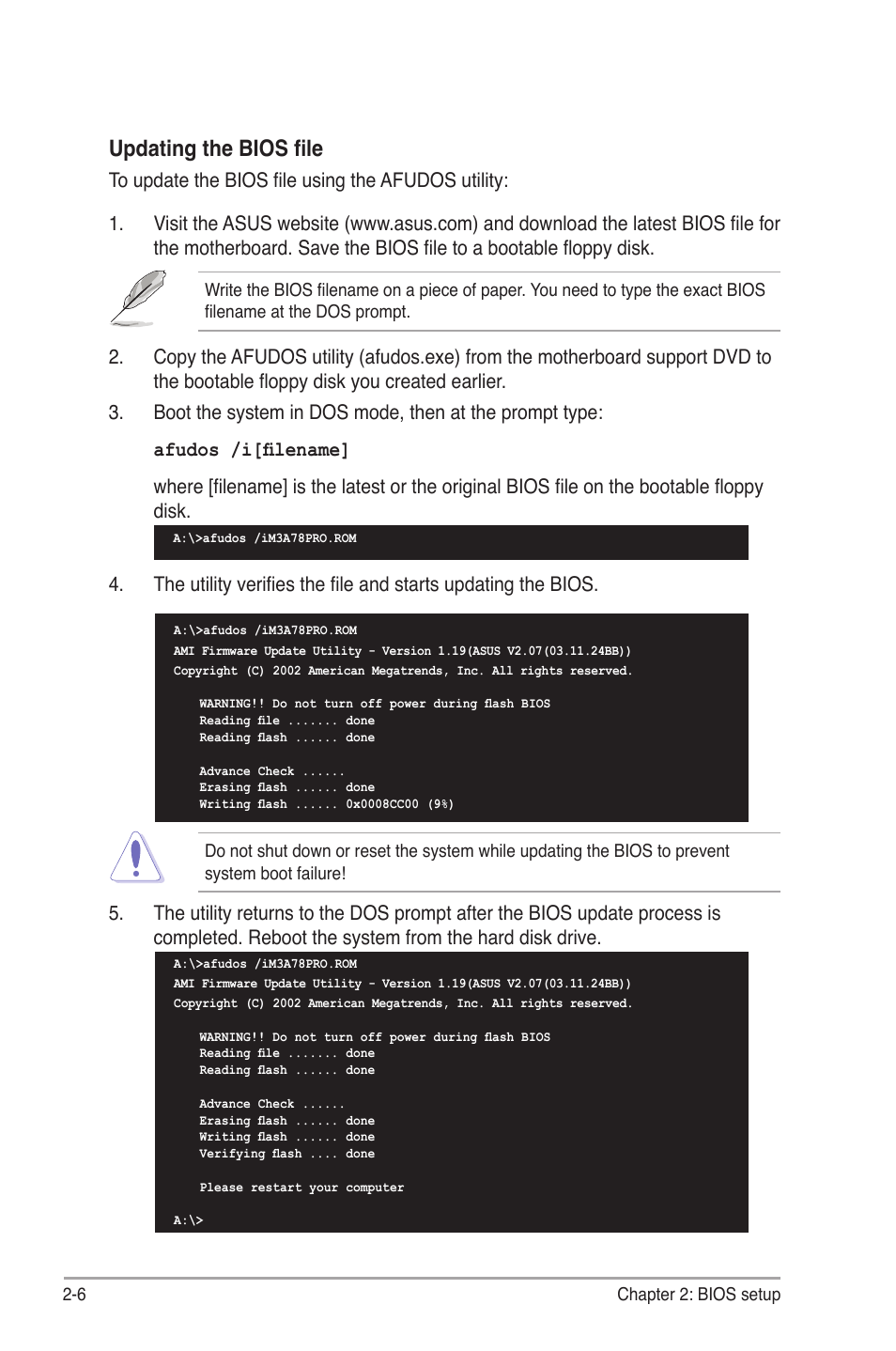 Updating the bios file | Asus M3A78 Pro User Manual | Page 58 / 116