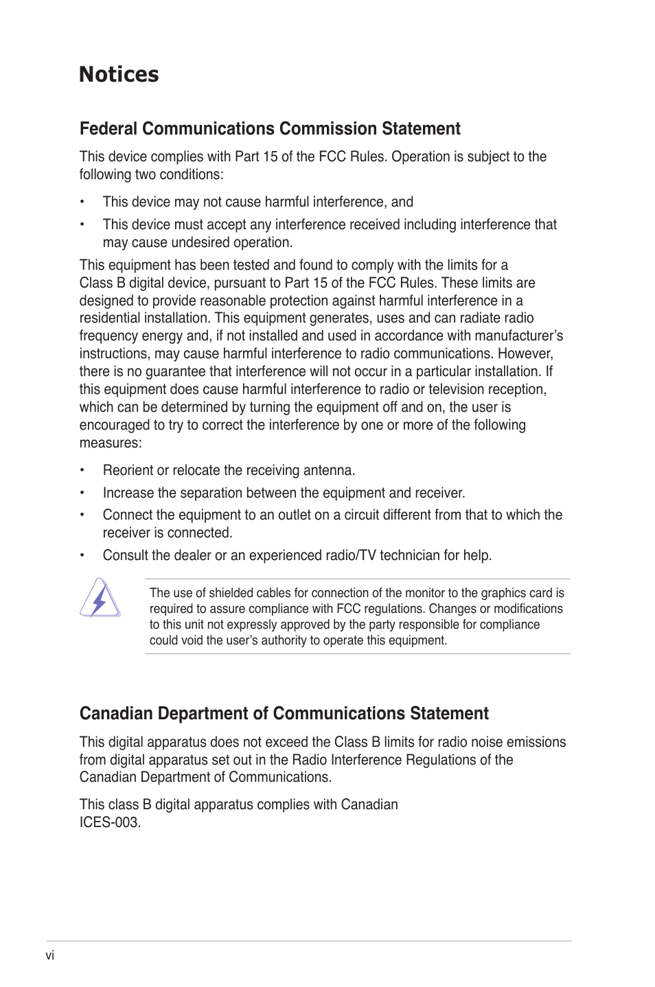 Notices, Federal communications commission statement, Canadian department of communications statement | Asus M3A78 Pro User Manual | Page 6 / 116