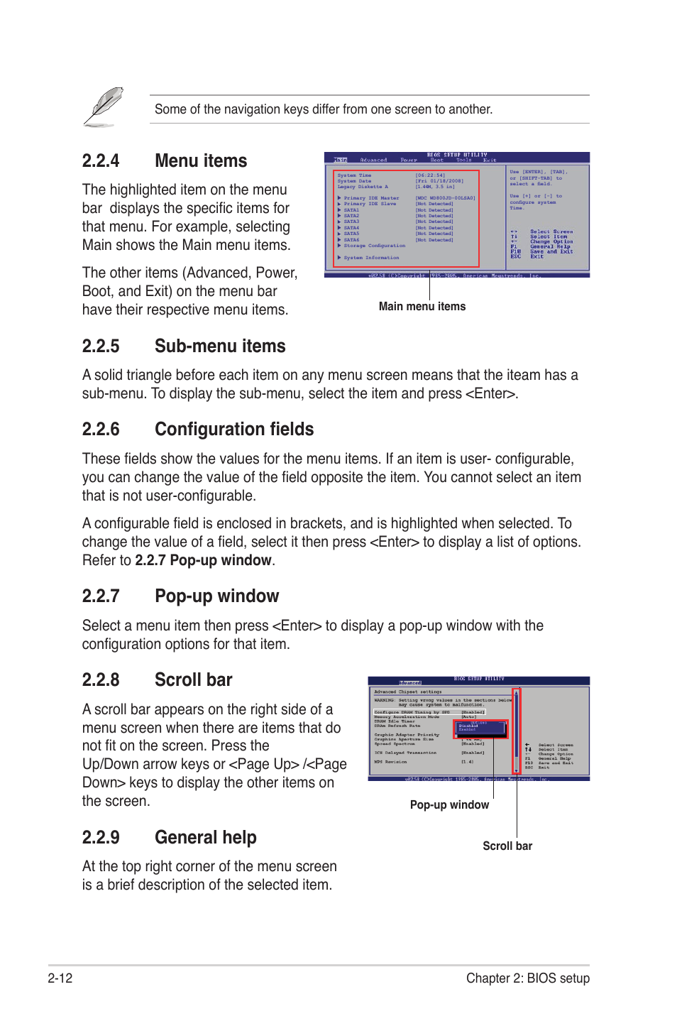 4 menu items, 5 sub-menu items, 6 configuration fields | 7 pop-up window, 8 scroll bar, 9 general help, Menu items -12, Sub-menu items -12, Configuration fields -12, Pop-up window -12 | Asus M3A78 Pro User Manual | Page 64 / 116