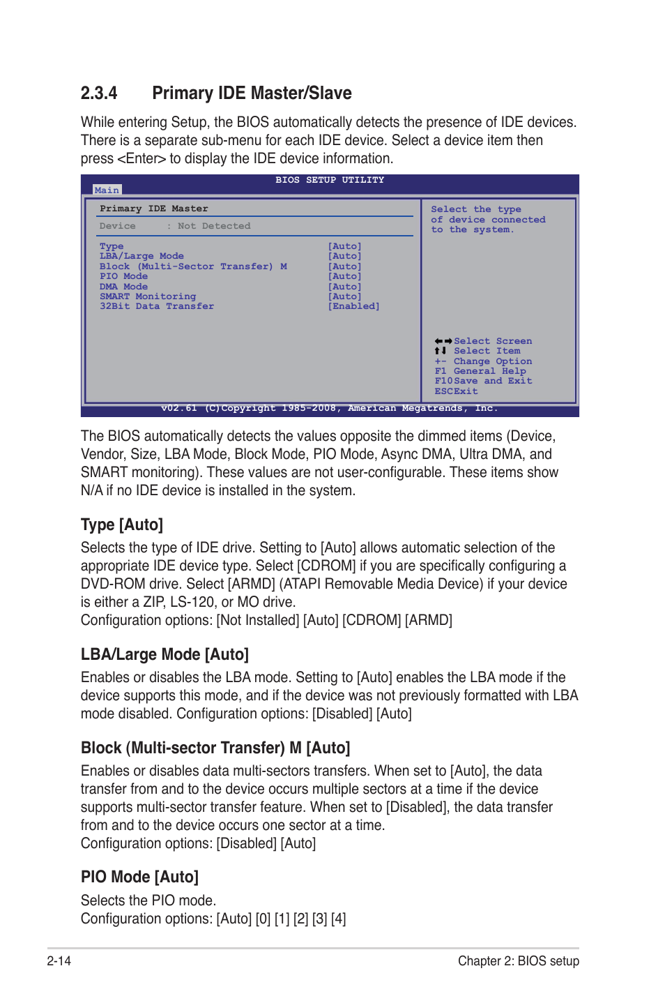 4 primary ide master/slave, Primary ide master/slave -14, Type [auto | Lba/large mode [auto, Block (multi-sector transfer) m [auto, Pio mode [auto | Asus M3A78 Pro User Manual | Page 66 / 116