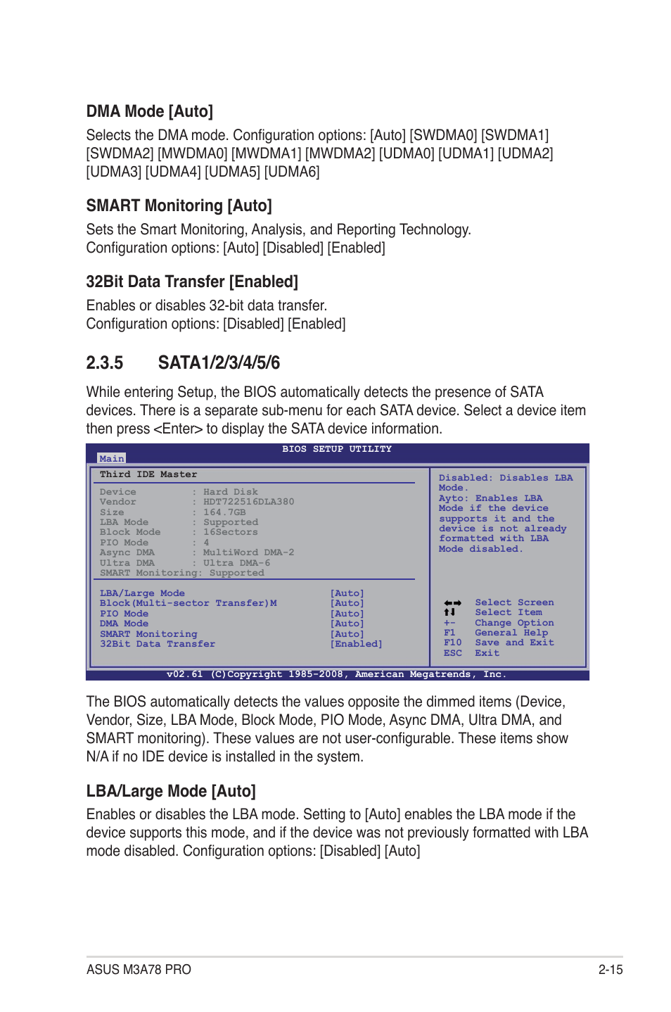 5 sata1/2/3/4/5/6, Sata1/2/3/4/5/6 -15, Dma mode [auto | Smart monitoring [auto, 32bit data transfer [enabled, Lba/large mode [auto | Asus M3A78 Pro User Manual | Page 67 / 116