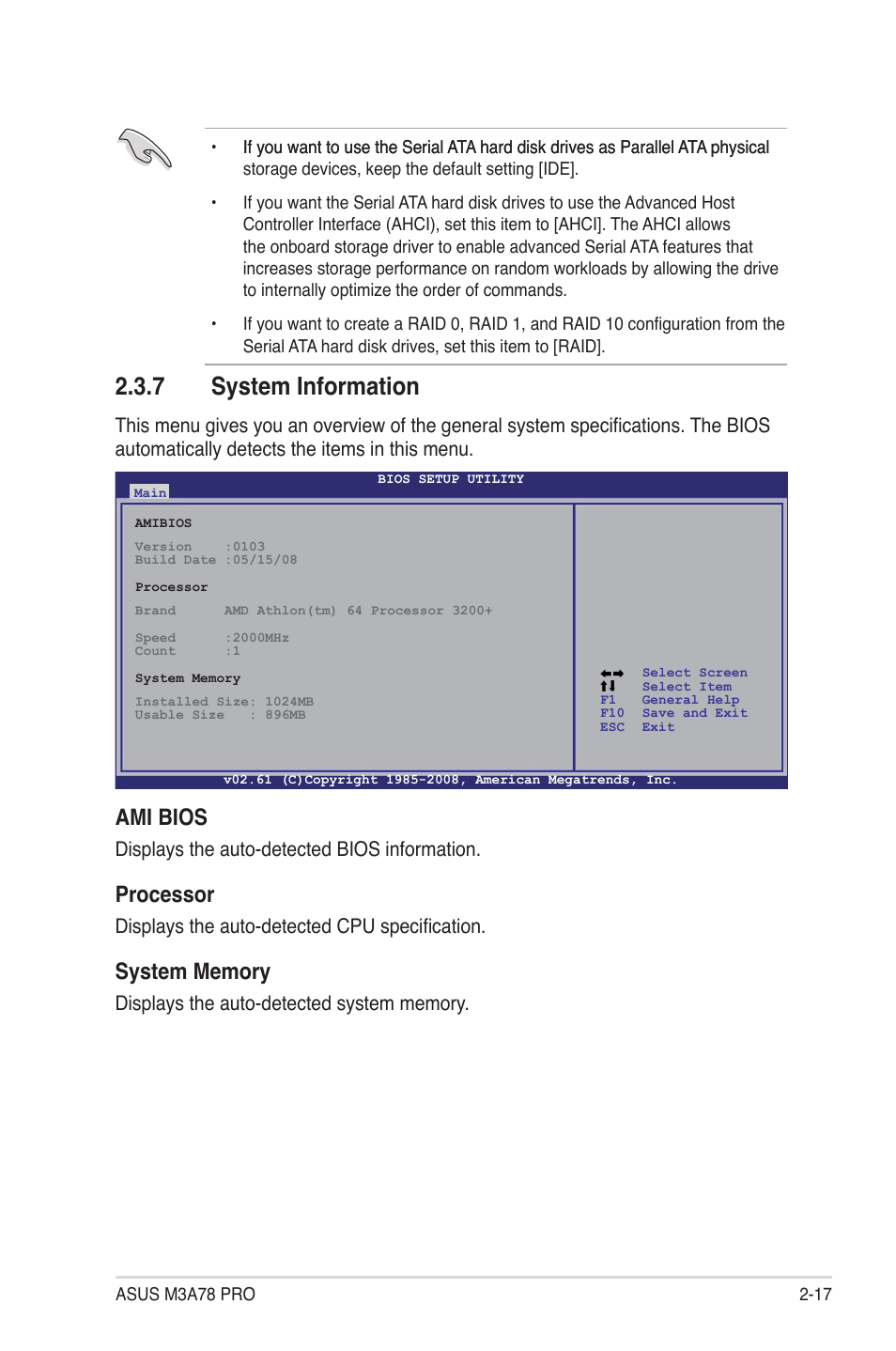 7 system information, System information -17, Ami bios | Processor | Asus M3A78 Pro User Manual | Page 69 / 116