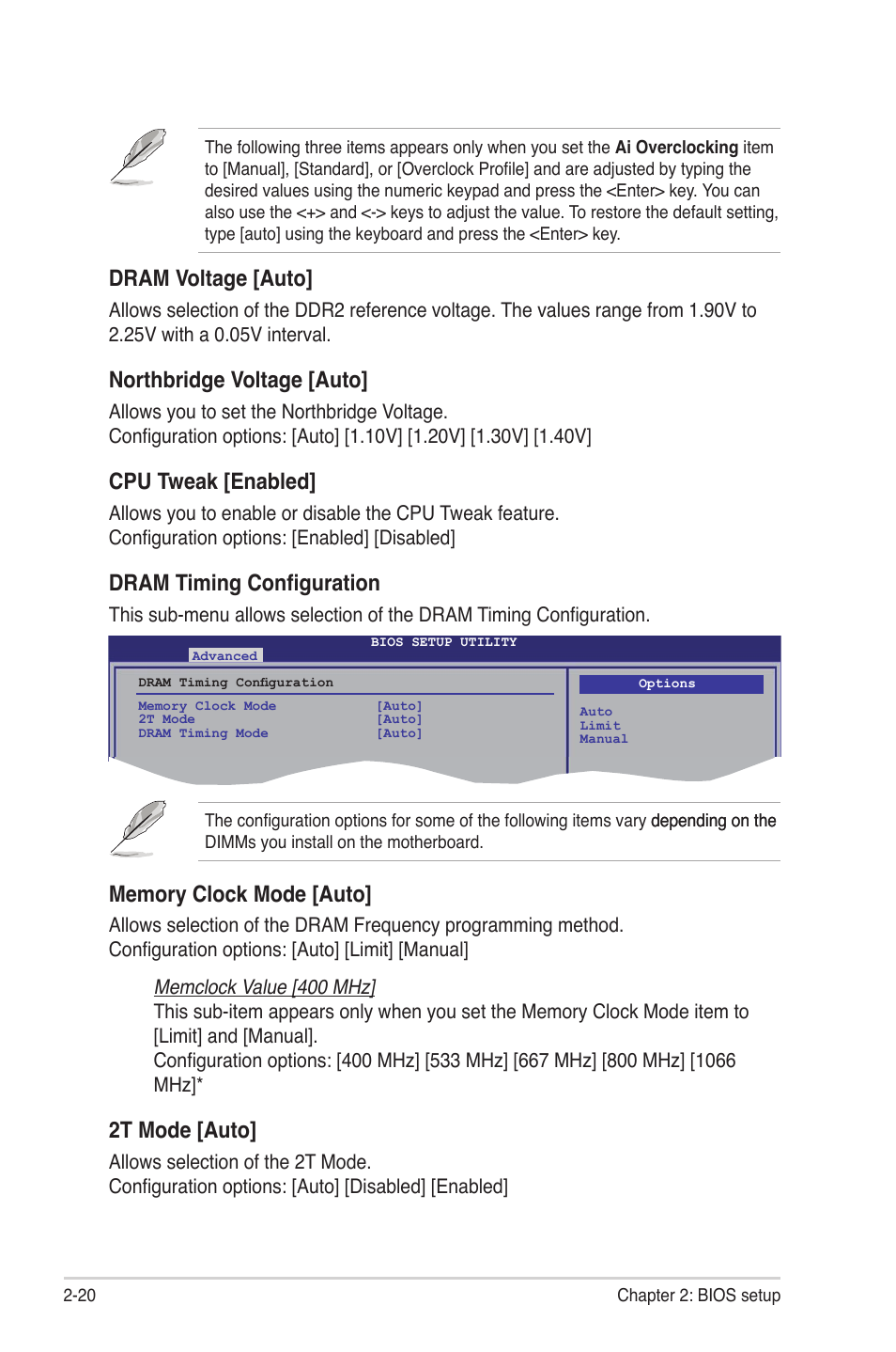 Dram voltage [auto, Northbridge voltage [auto, Cpu tweak [enabled | Dram timing configuration, 2t mode [auto | Asus M3A78 Pro User Manual | Page 72 / 116