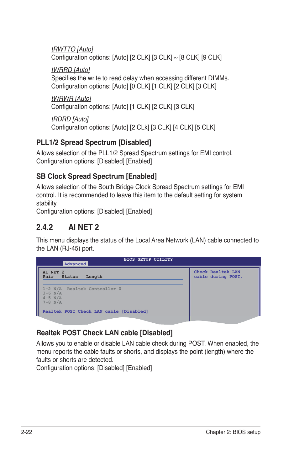 2 ai net 2, Ai net 2 -22, Pll1/2 spread spectrum [disabled | Sb clock spread spectrum [enabled, Realtek post check lan cable [disabled | Asus M3A78 Pro User Manual | Page 74 / 116