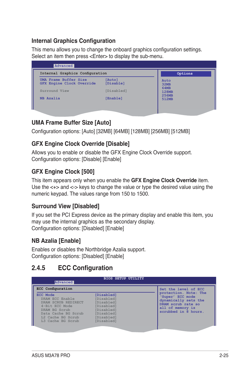 5 ecc configuration, Ecc configuration -25, Internal graphics configuration | Uma frame buffer size [auto, Gfx engine clock override [disable, Gfx engine clock [500, Surround view [disabled, Nb azalia [enable | Asus M3A78 Pro User Manual | Page 77 / 116