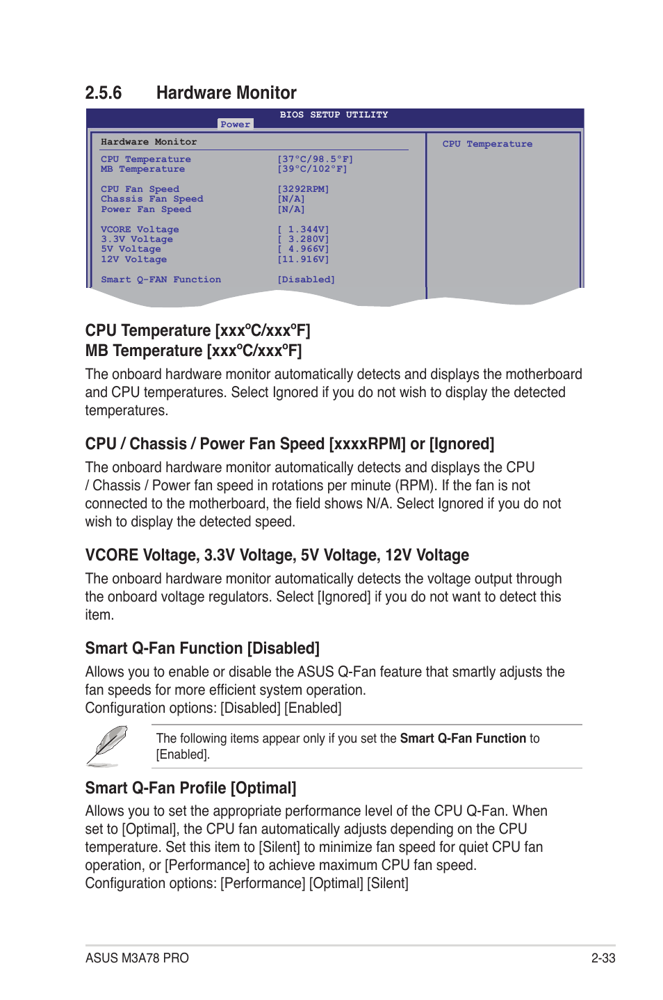 6 hardware monitor, Hardware monitor -33, Smart q-fan function [disabled | Smart q-fan profile [optimal | Asus M3A78 Pro User Manual | Page 85 / 116