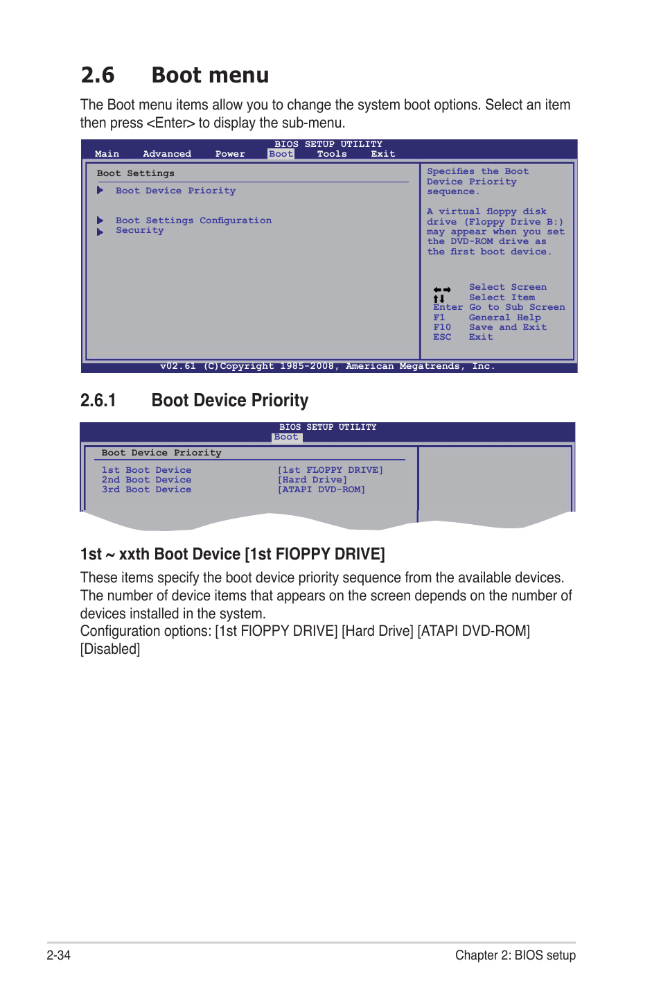 6 boot menu, 1 boot device priority, Boot menu -34 2.6.1 | Boot device priority -34, 1st ~ xxth boot device [1st floppy drive | Asus M3A78 Pro User Manual | Page 86 / 116