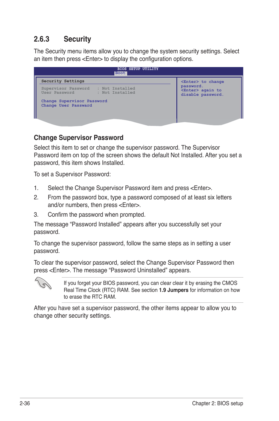 3 security, Security -36, Change supervisor password | Asus M3A78 Pro User Manual | Page 88 / 116