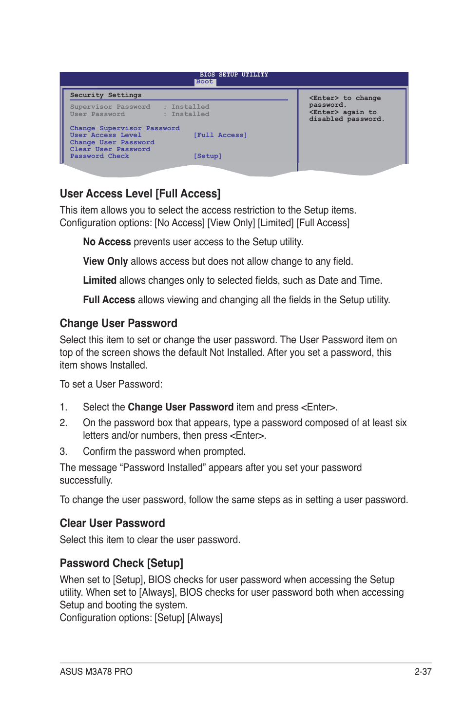 User access level [full access, Change user password, Clear user password | Password check [setup | Asus M3A78 Pro User Manual | Page 89 / 116